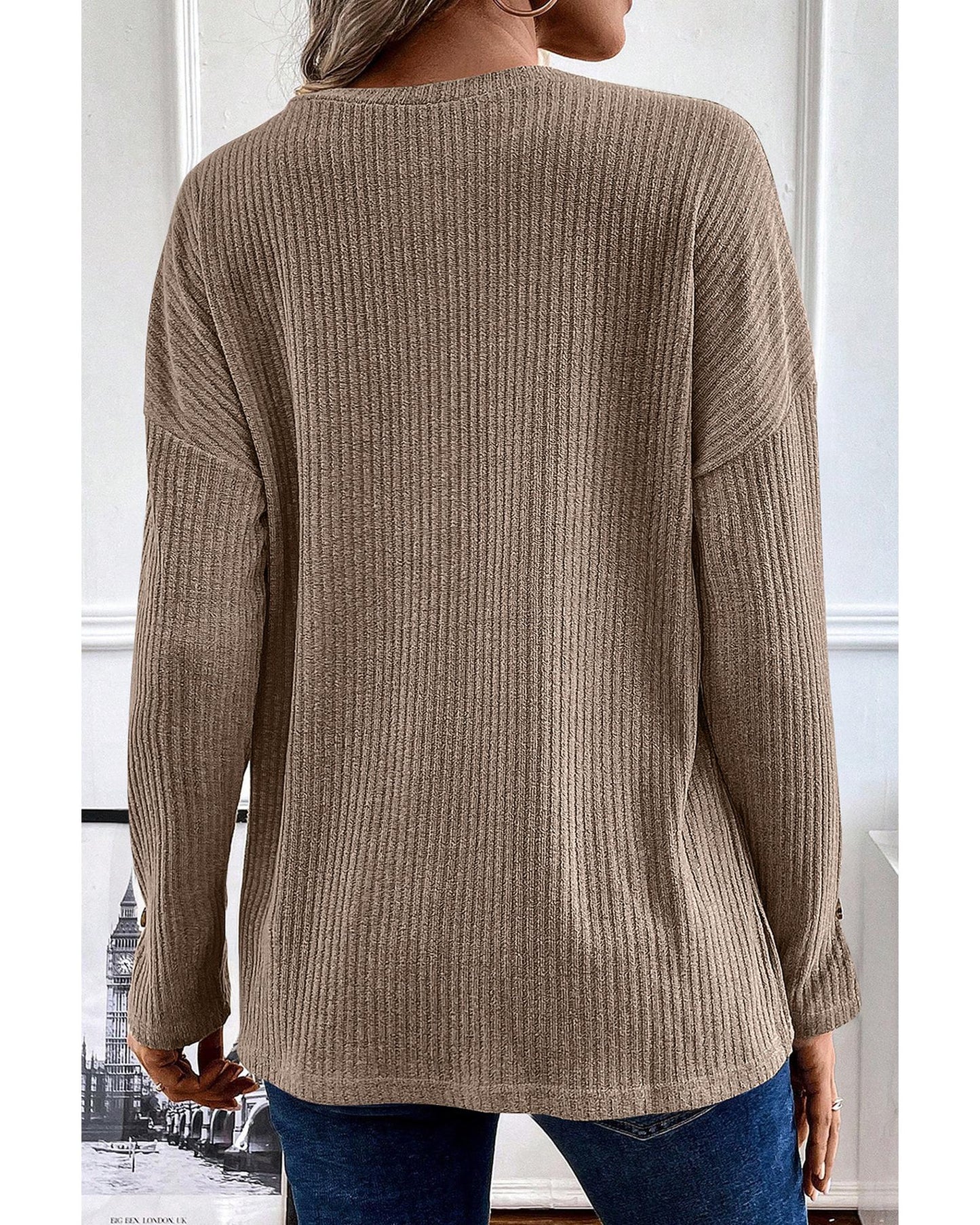Pale Khaki Rib Textured Henley Knit Top - S