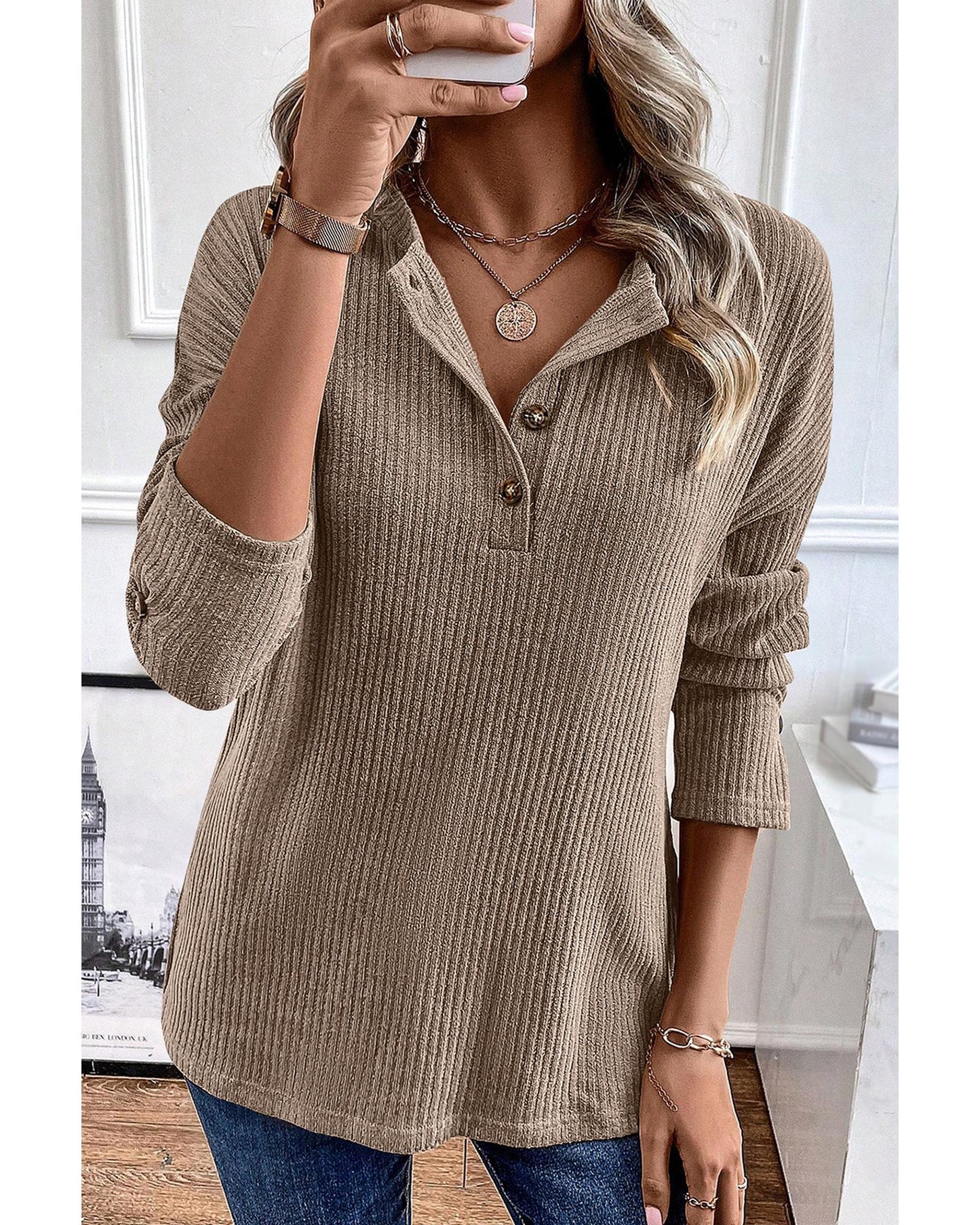 Pale Khaki Rib Textured Henley Knit Top - S