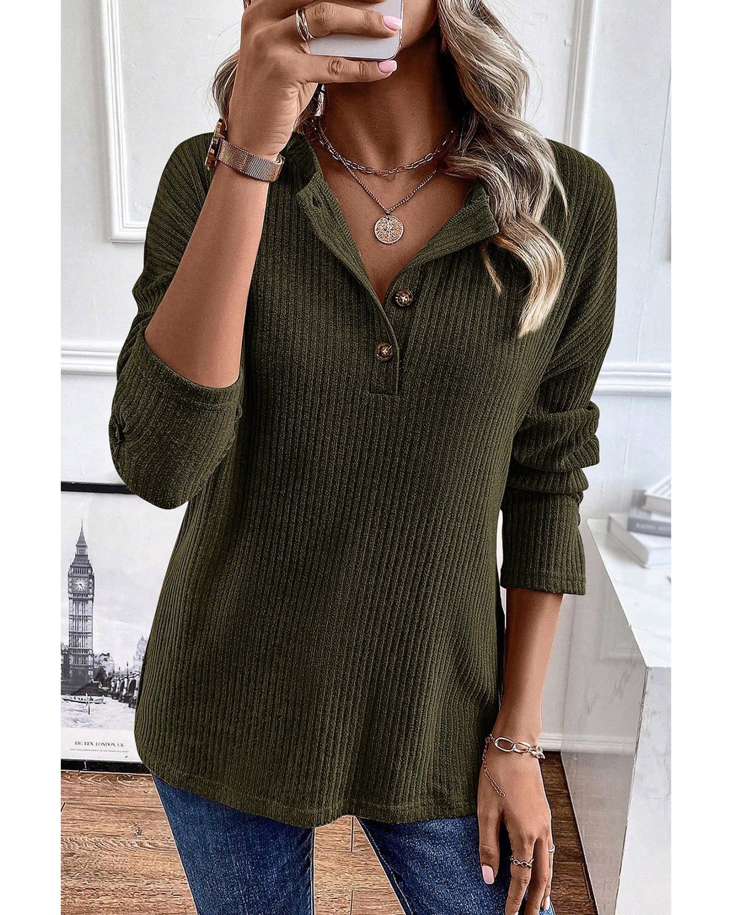 Jungle Green Rib Textured Henley Knit Top - S