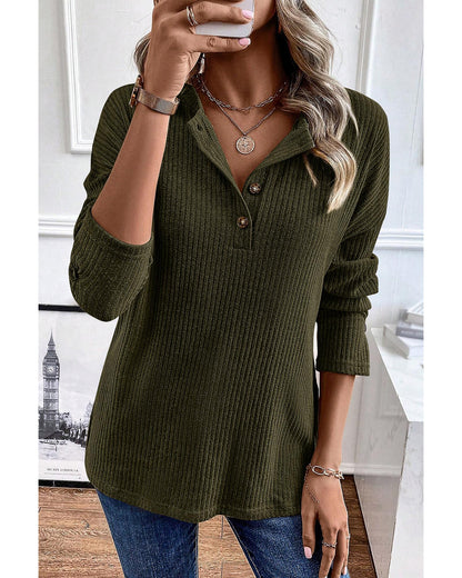 Jungle Green Rib Textured Henley Knit Top - S