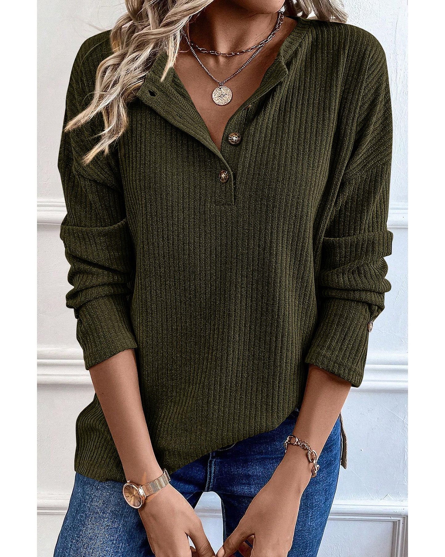 Jungle Green Rib Textured Henley Knit Top - S