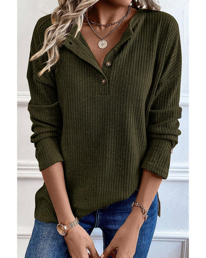 Jungle Green Rib Textured Henley Knit Top - S