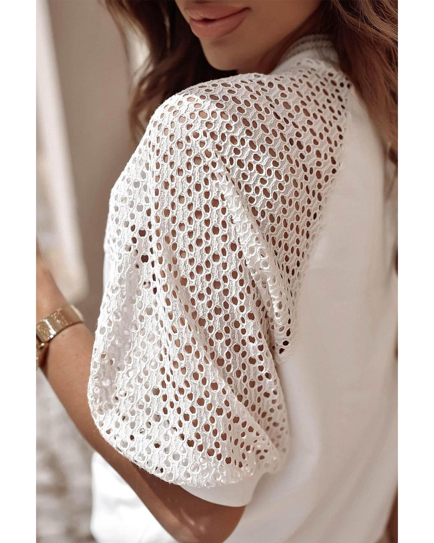 White Pointelle Lace Half Sleeve Crew Neck Tee - M