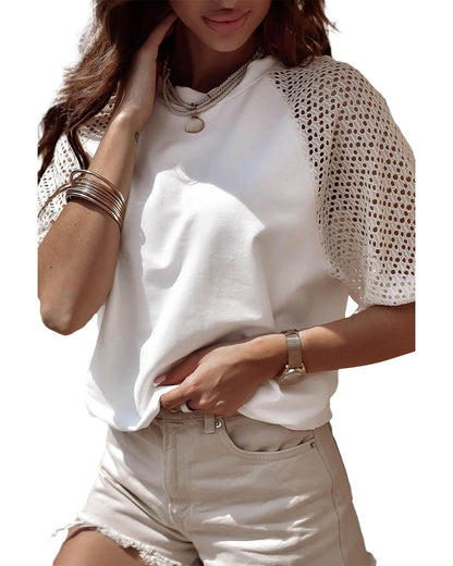 White Pointelle Lace Half Sleeve Crew Neck Tee - M