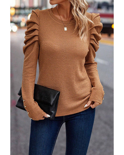 Chestnut Solid Color Textured Buttoned Gigot Sleeve Top - S