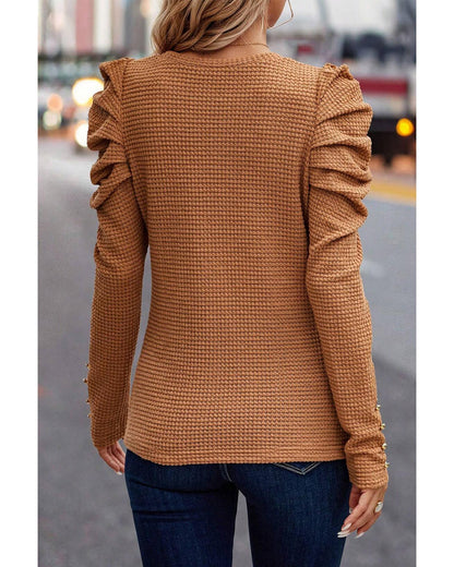 Chestnut Solid Color Textured Buttoned Gigot Sleeve Top - S