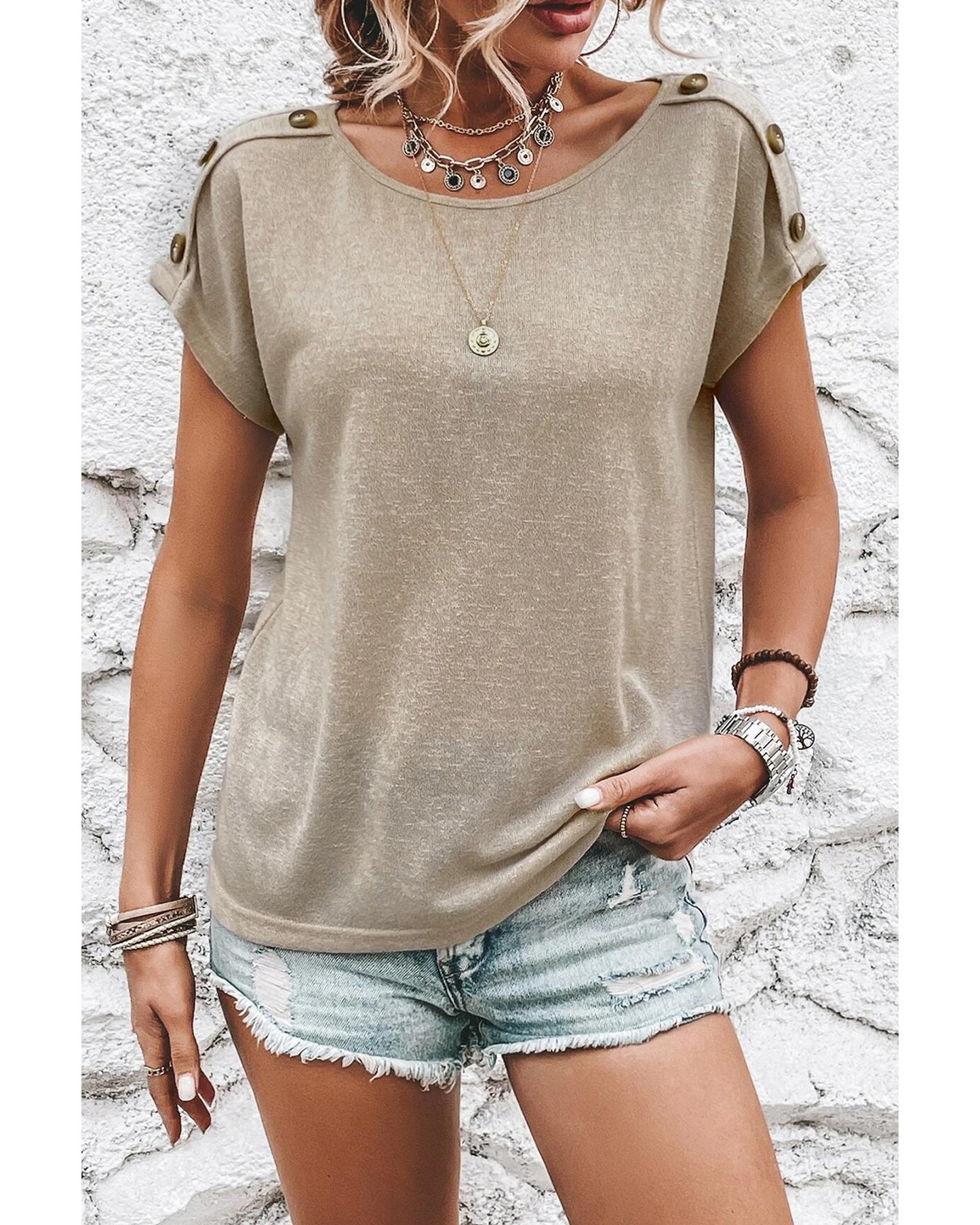 Smoke Gray Button Detail Batwing Sleeve Casual Tee - M