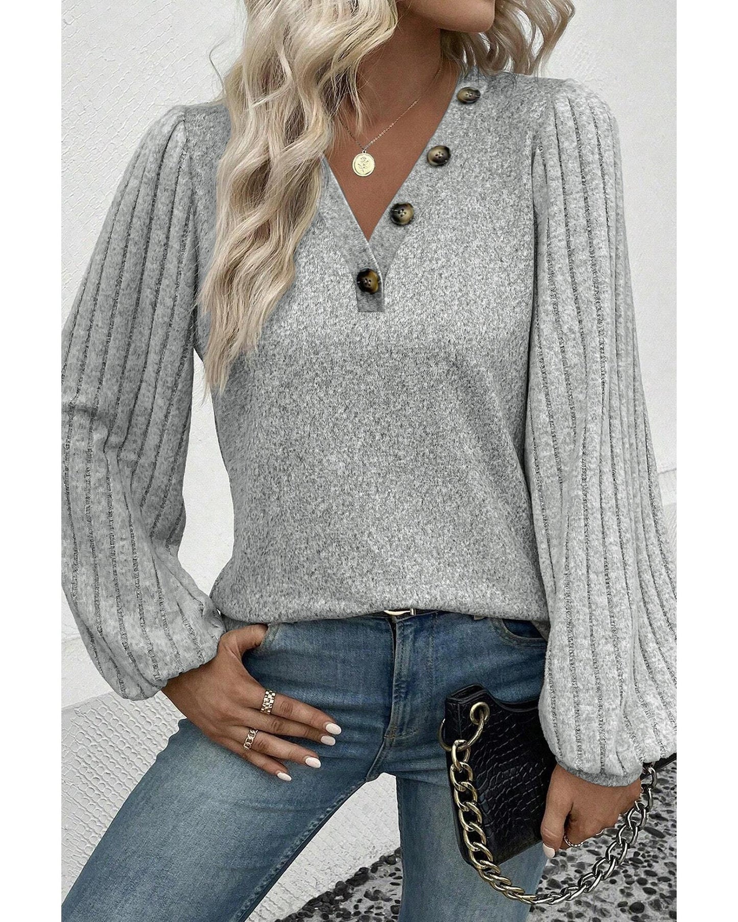 Azura Exchange Light Grey Buttoned V Neck Ribbed Puff Sleeve Top - S