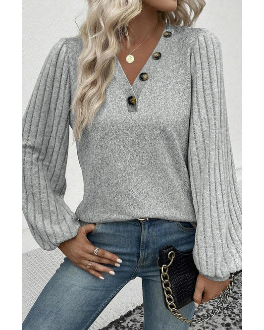 Azura Exchange Light Grey Buttoned V Neck Ribbed Puff Sleeve Top - S