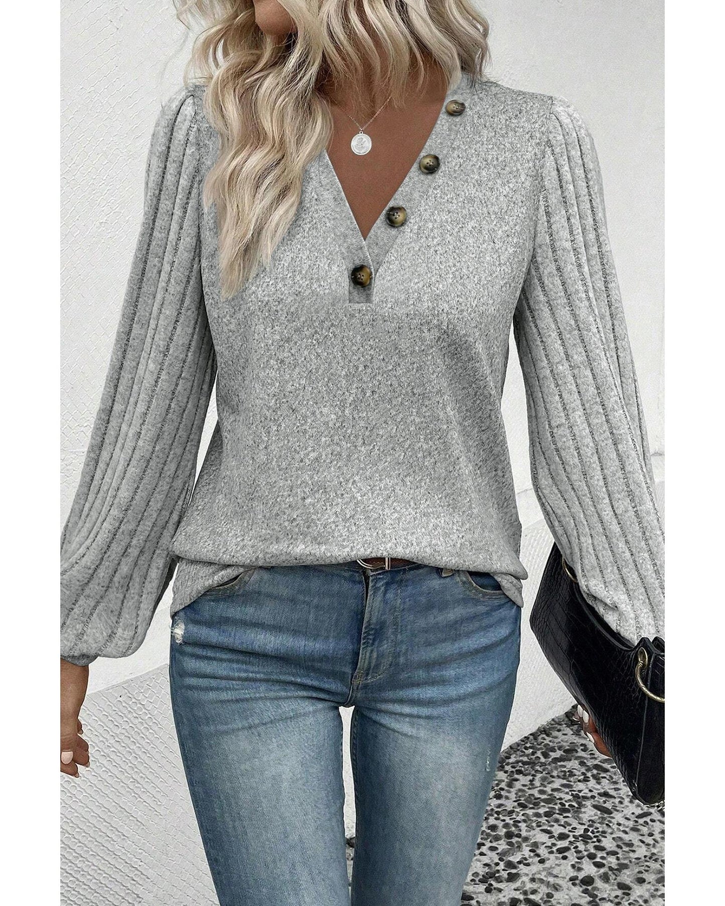 Azura Exchange Light Grey Buttoned V Neck Ribbed Puff Sleeve Top - S