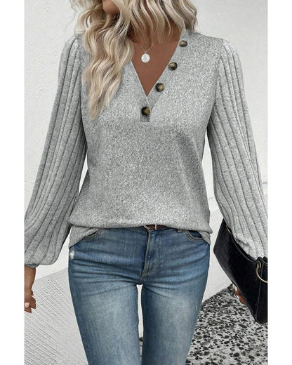 Azura Exchange Light Grey Buttoned V Neck Ribbed Puff Sleeve Top - S