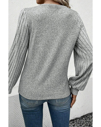 Azura Exchange Light Grey Buttoned V Neck Ribbed Puff Sleeve Top - S