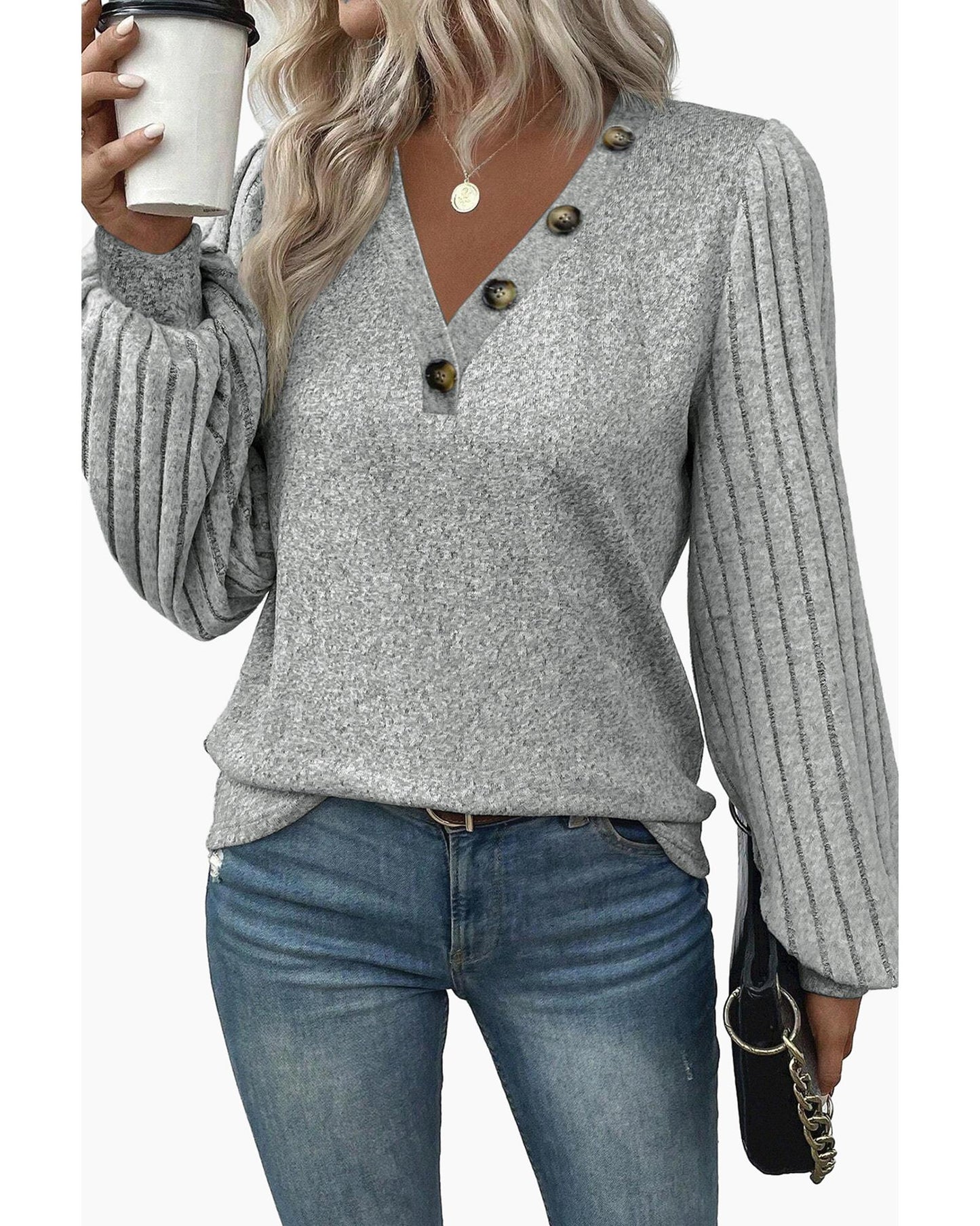 Azura Exchange Light Grey Buttoned V Neck Ribbed Puff Sleeve Top - S