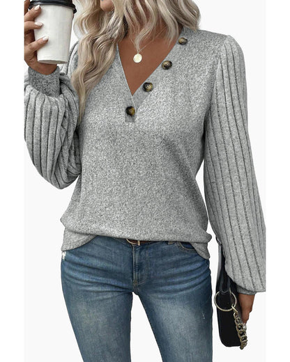 Azura Exchange Light Grey Buttoned V Neck Ribbed Puff Sleeve Top - S