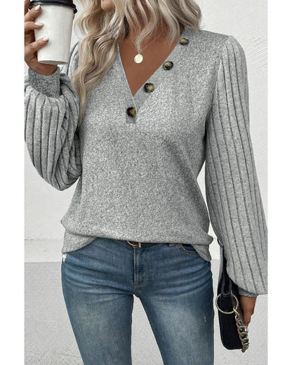 Azura Exchange Light Grey Buttoned V Neck Ribbed Puff Sleeve Top - S
