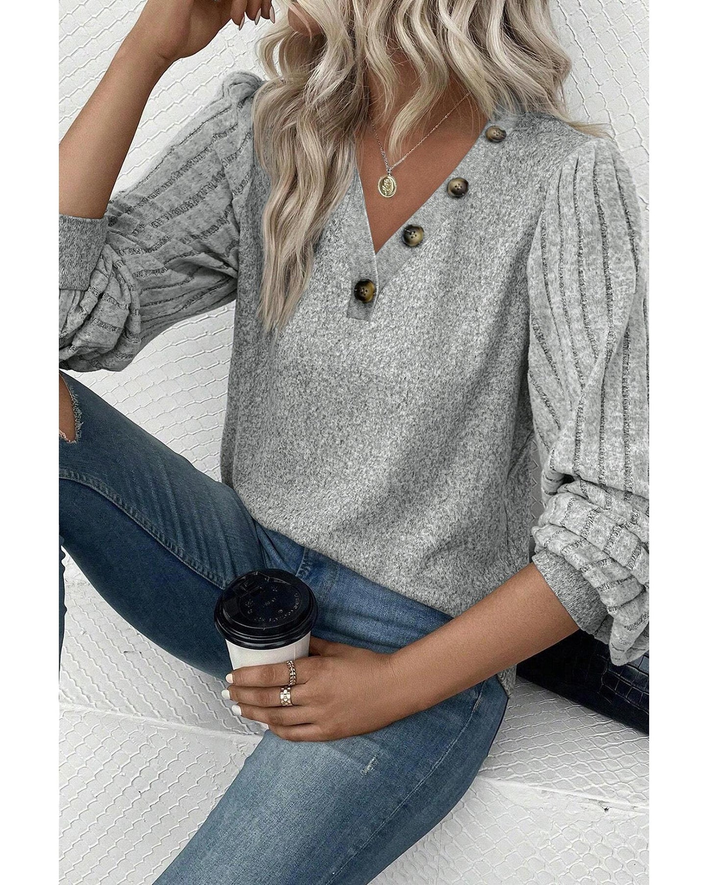 Azura Exchange Light Grey Buttoned V Neck Ribbed Puff Sleeve Top - S