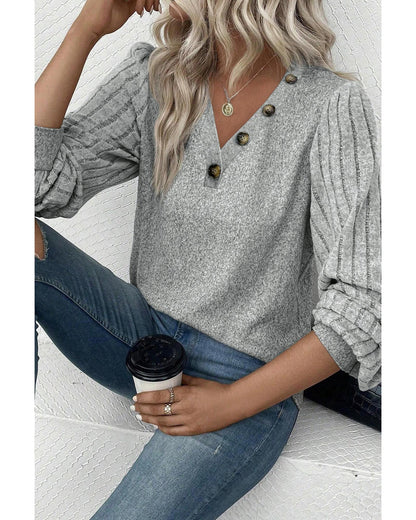 Azura Exchange Light Grey Buttoned V Neck Ribbed Puff Sleeve Top - S
