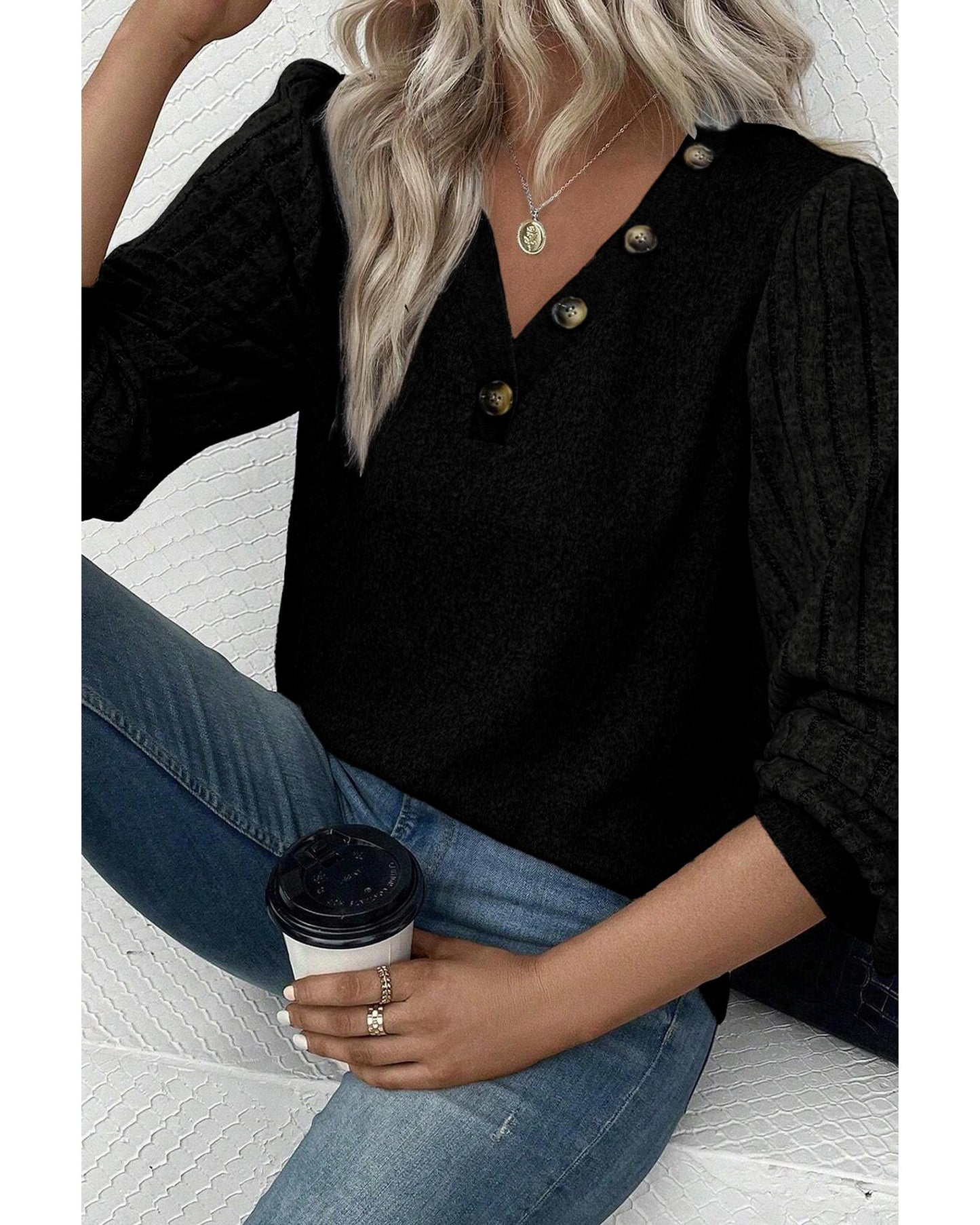 Azura Exchange Black Buttoned V Neck Ribbed Puff Sleeve Top - S