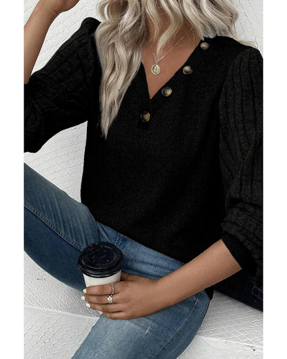 Azura Exchange Black Buttoned V Neck Ribbed Puff Sleeve Top - S