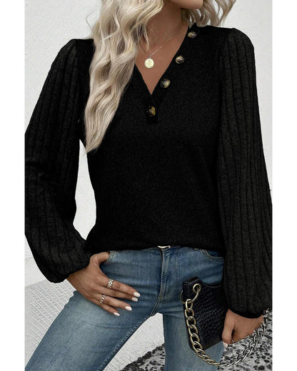 Azura Exchange Black Buttoned V Neck Ribbed Puff Sleeve Top - S