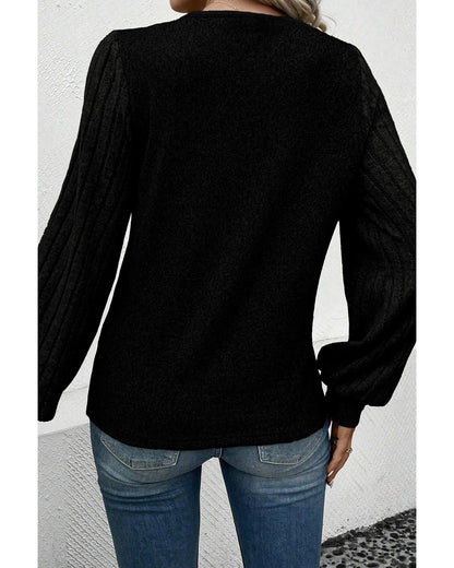 Azura Exchange Black Buttoned V Neck Ribbed Puff Sleeve Top - S