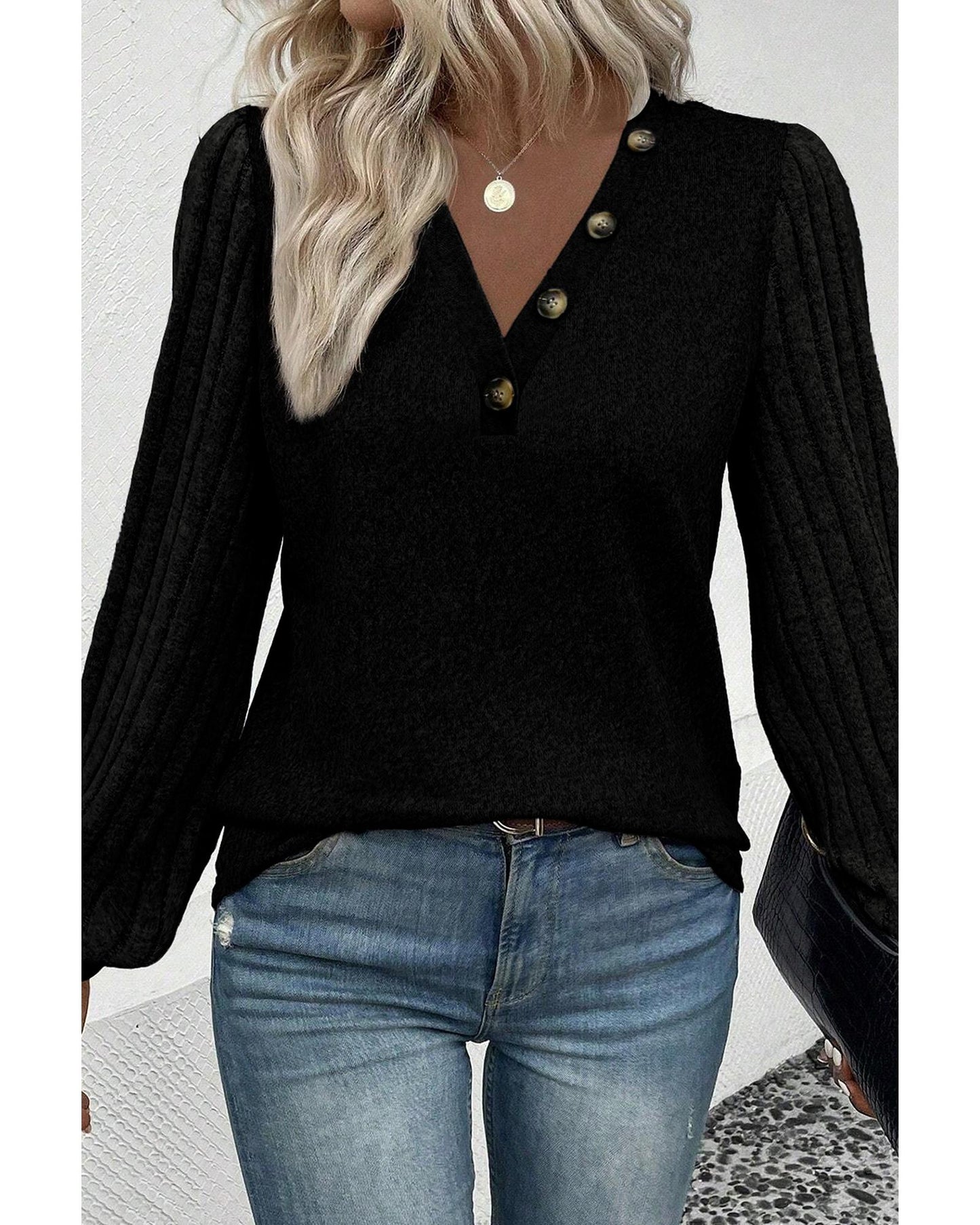 Azura Exchange Black Buttoned V Neck Ribbed Puff Sleeve Top - S
