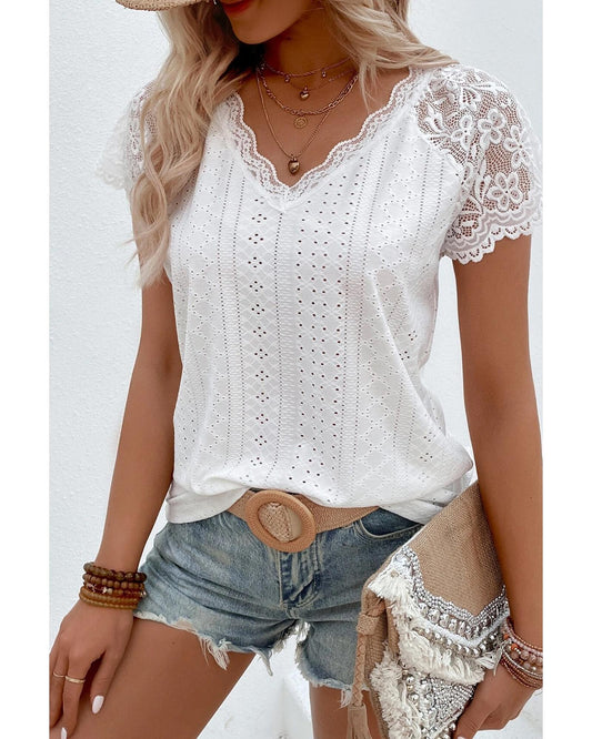 White Sheer Lace Short Sleeves Eyelet Embroidered Tee - S