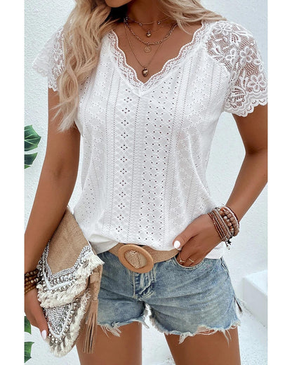 White Sheer Lace Short Sleeves Eyelet Embroidered Tee - S