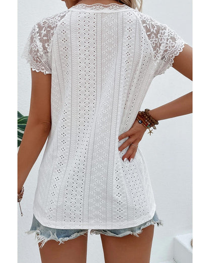 White Sheer Lace Short Sleeves Eyelet Embroidered Tee - S