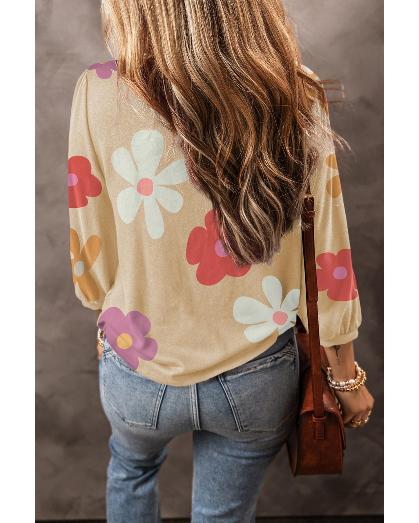 Apricot Cute Flower Print Bracelet Sleeve Top - S