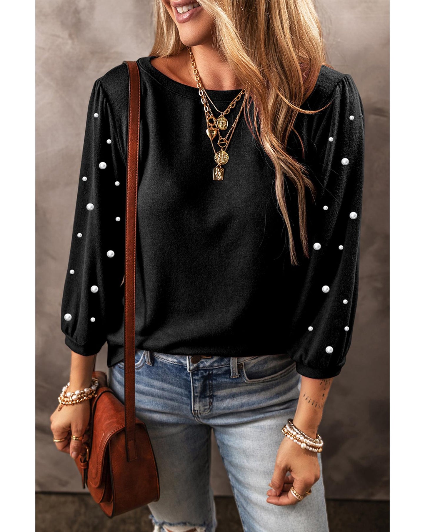 Black Pearl Decor 3/4 Sleeve Crew Neck T Shirt - S