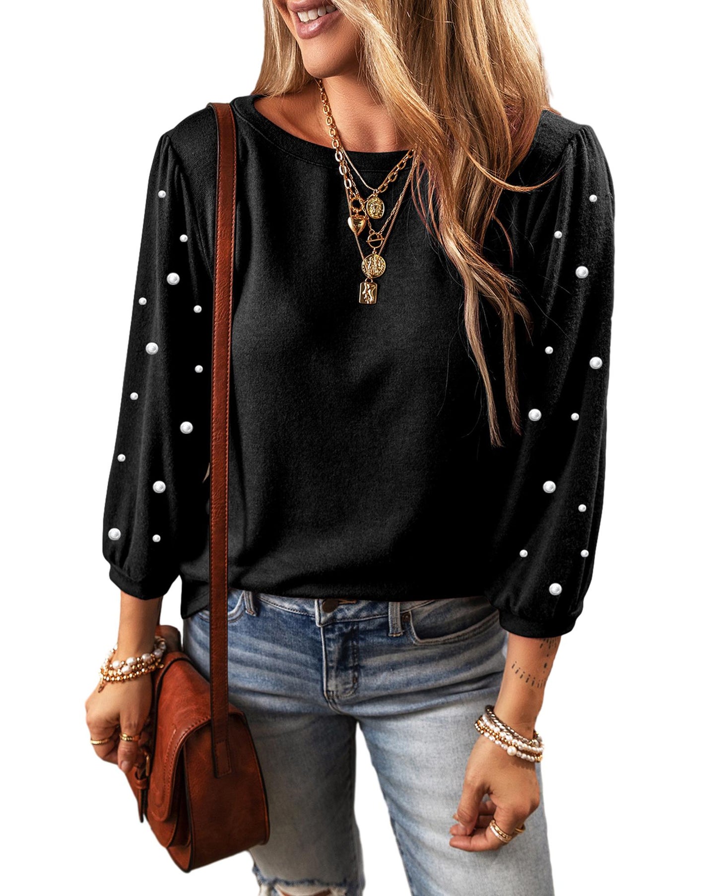 Black Pearl Decor 3/4 Sleeve Crew Neck T Shirt - S