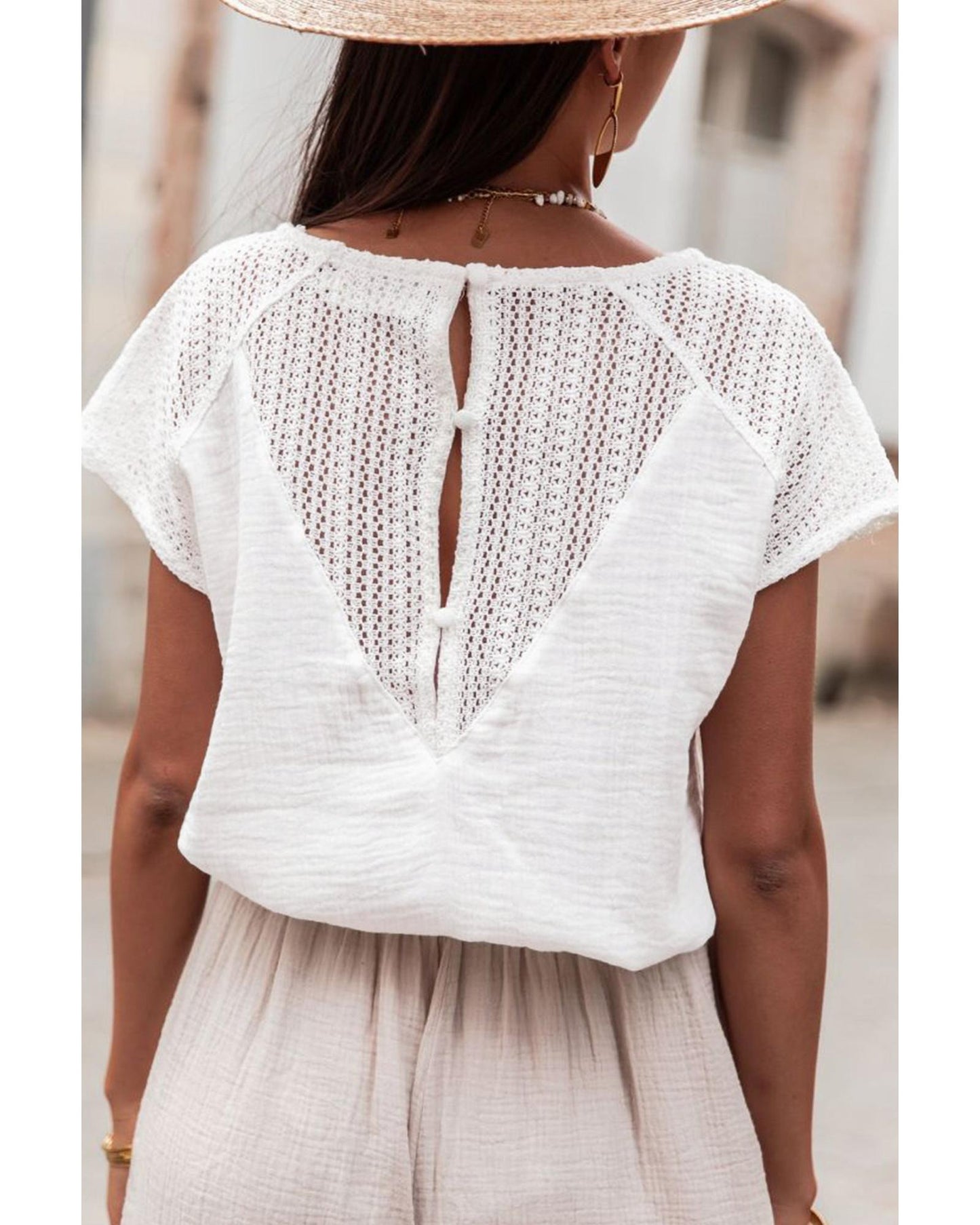 White Lace Crochet Textured Button Back V Neck T Shirt - XL