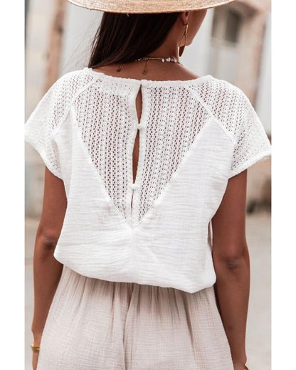 White Lace Crochet Textured Button Back V Neck T Shirt - XL