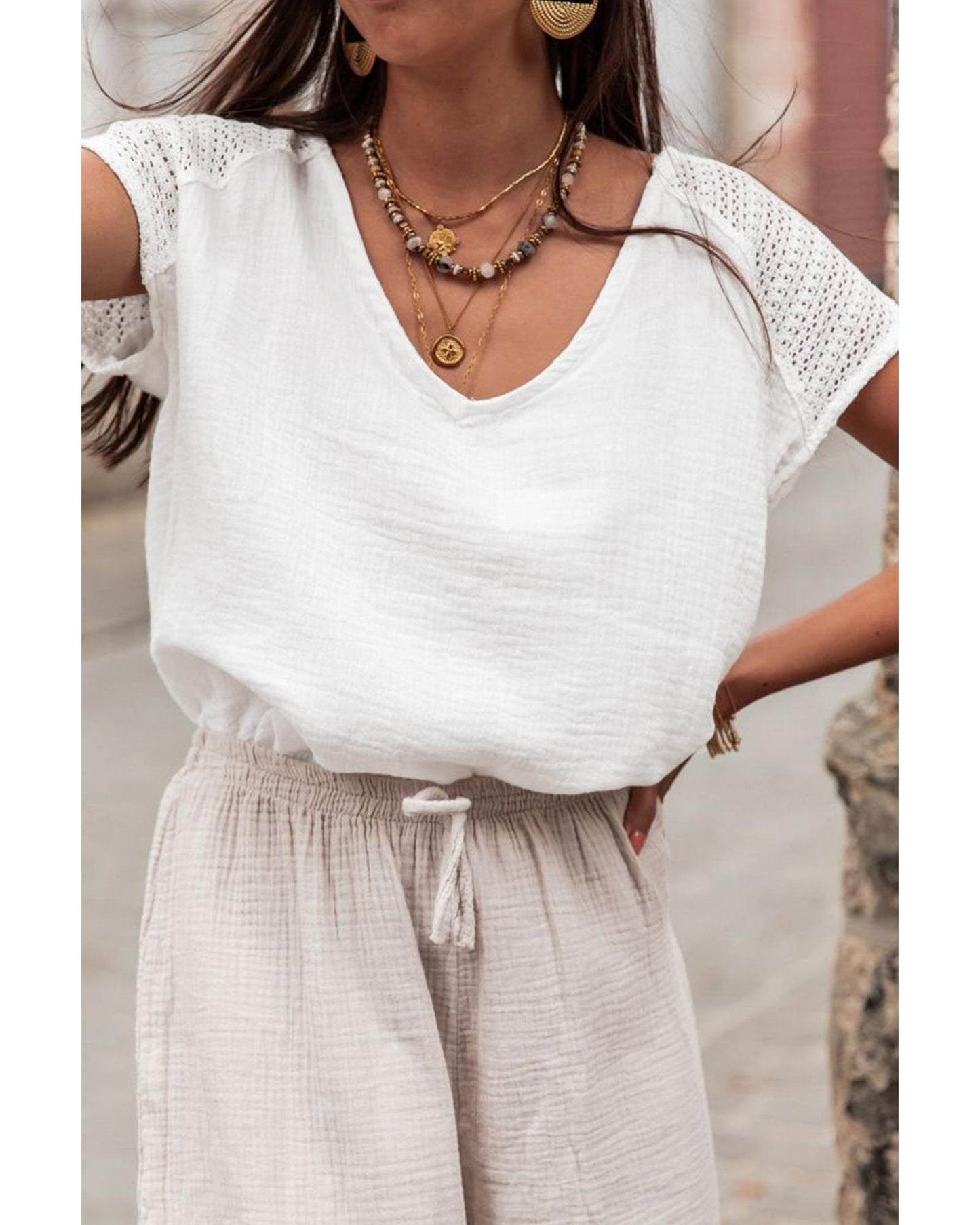 White Lace Crochet Textured Button Back V Neck T Shirt - XL