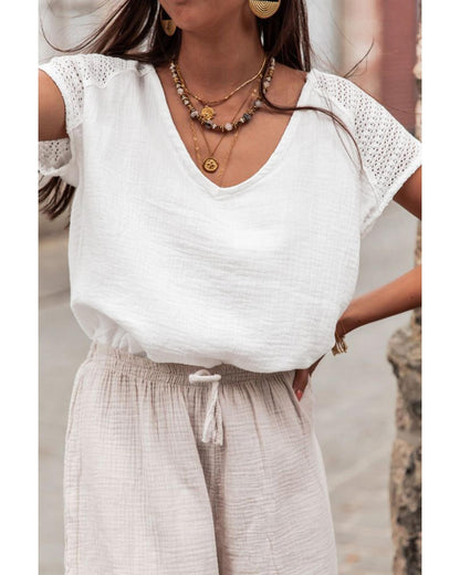 White Lace Crochet Textured Button Back V Neck T Shirt - XL