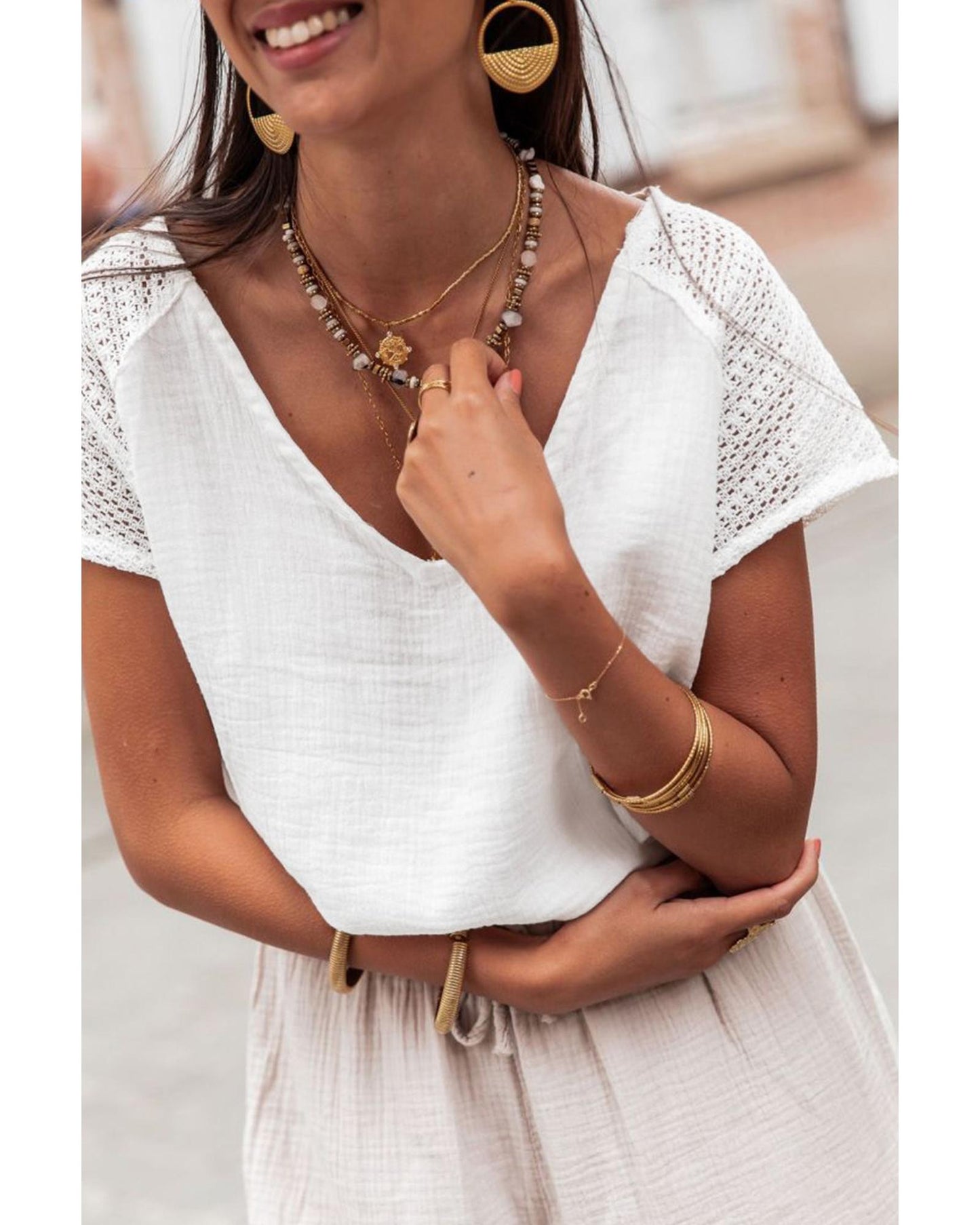 White Lace Crochet Textured Button Back V Neck T Shirt - XL