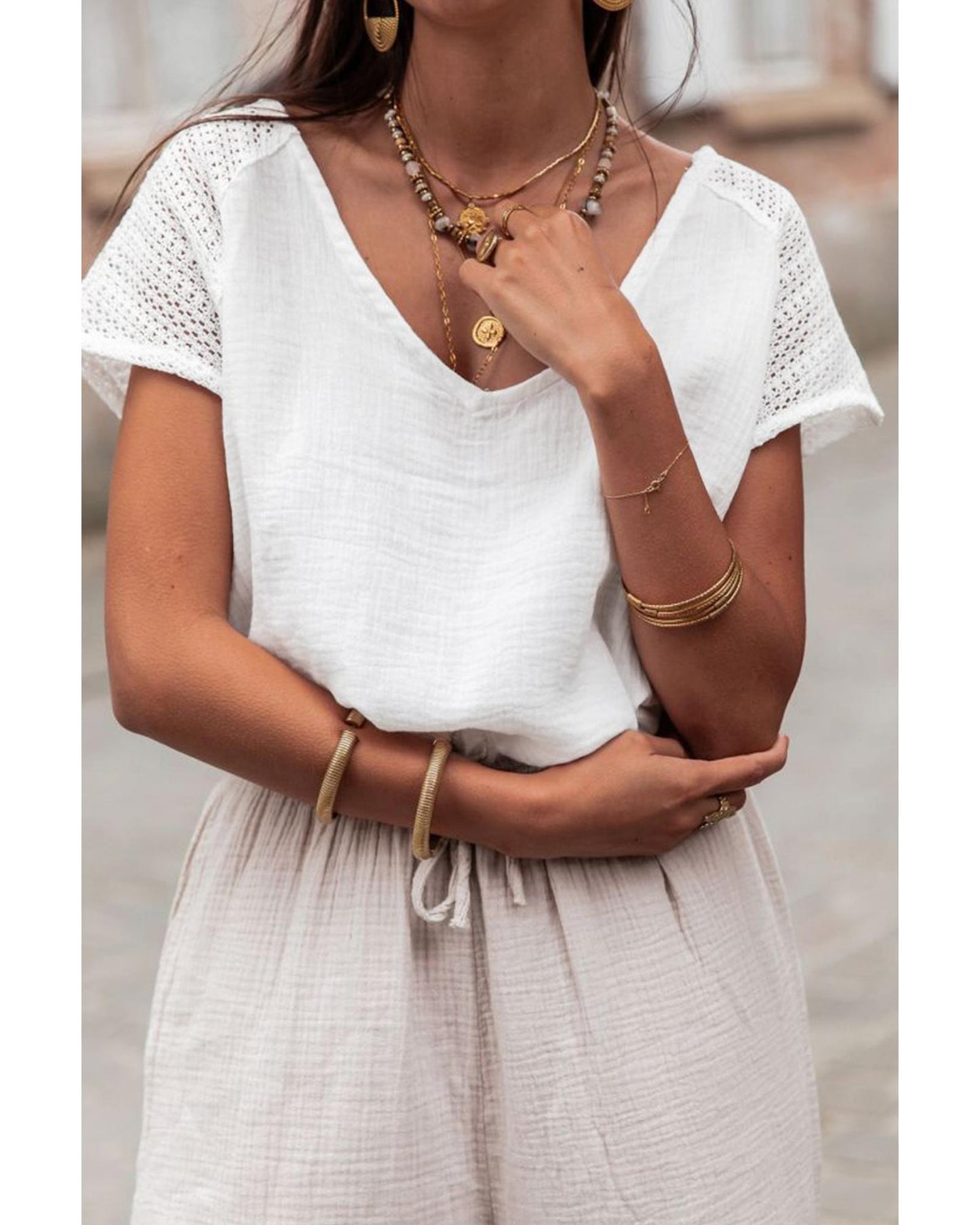 White Lace Crochet Textured Button Back V Neck T Shirt - XL