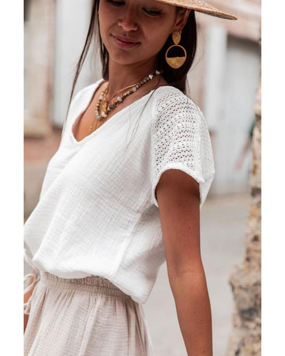 White Lace Crochet Textured Button Back V Neck T Shirt - XL