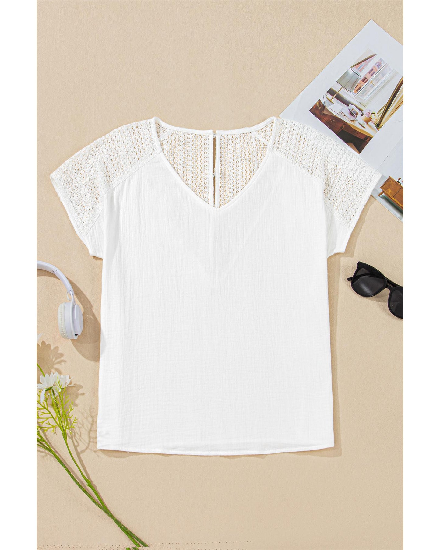 White Lace Crochet Textured Button Back V Neck T Shirt - XL