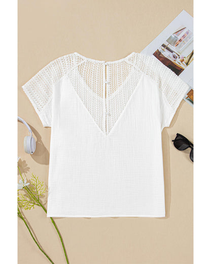 White Lace Crochet Textured Button Back V Neck T Shirt - XL