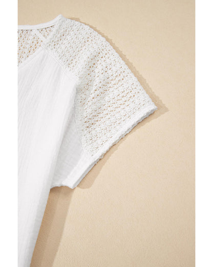 White Lace Crochet Textured Button Back V Neck T Shirt - XL