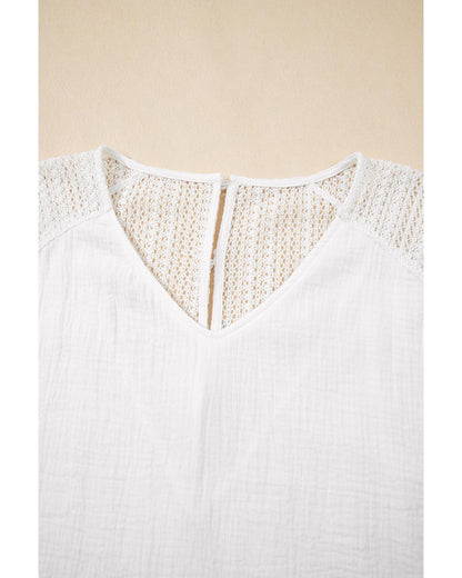 White Lace Crochet Textured Button Back V Neck T Shirt - XL