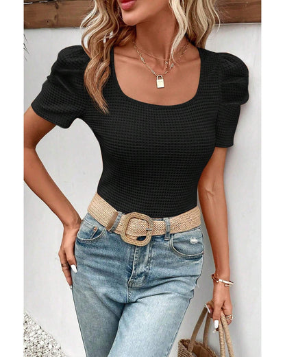 Black Waffle Knit Ruched Puff Sleeve Top - M