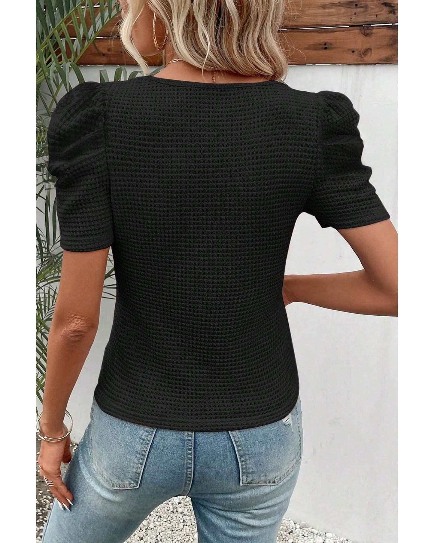 Black Waffle Knit Ruched Puff Sleeve Top - M