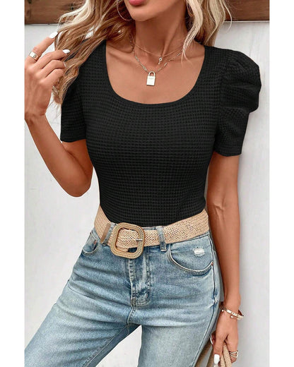 Black Waffle Knit Ruched Puff Sleeve Top - M