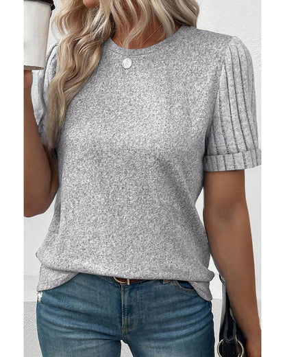 Gray Ribbed Splicing Sleeve Round Neck T-shirt - S