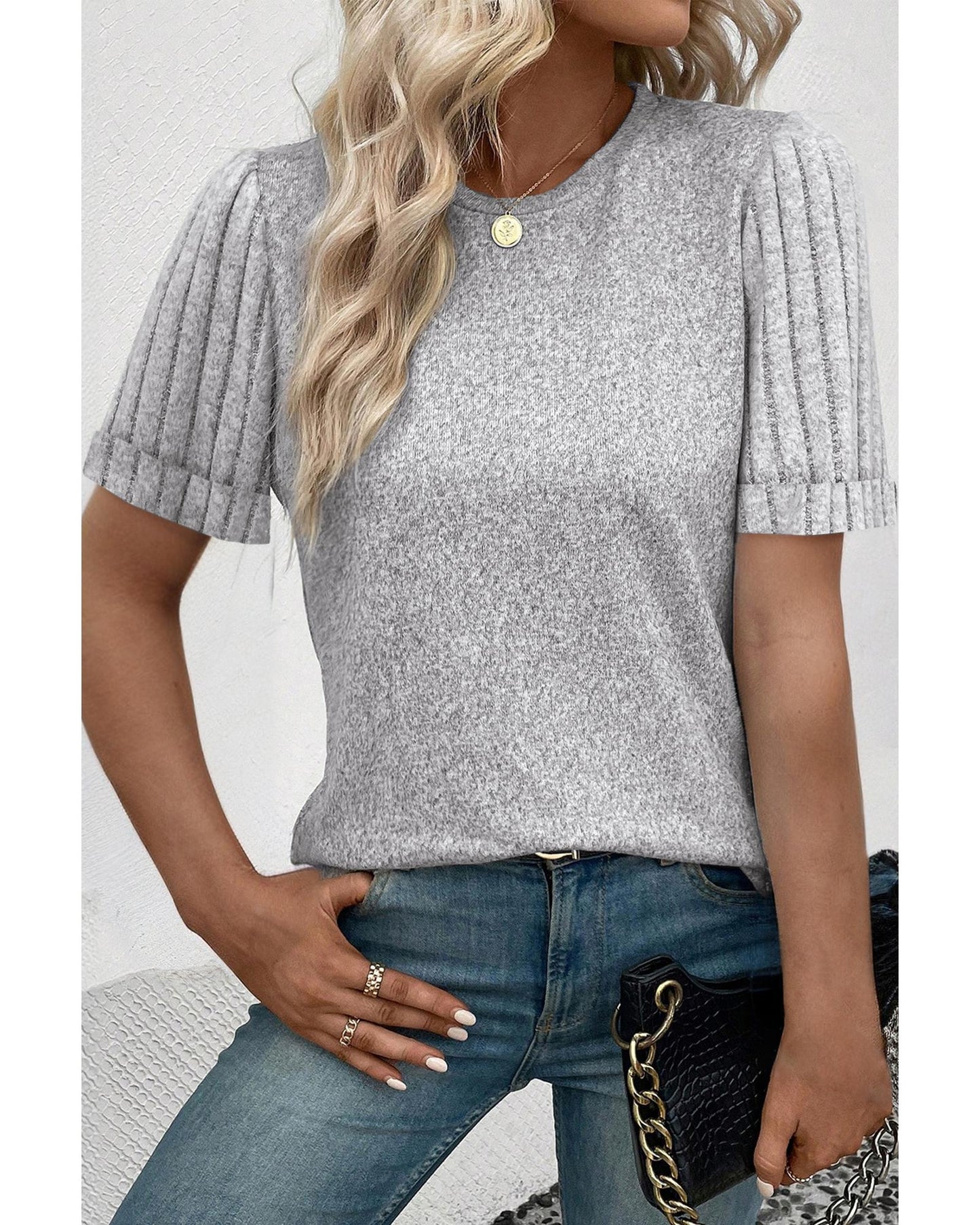 Gray Ribbed Splicing Sleeve Round Neck T-shirt - S