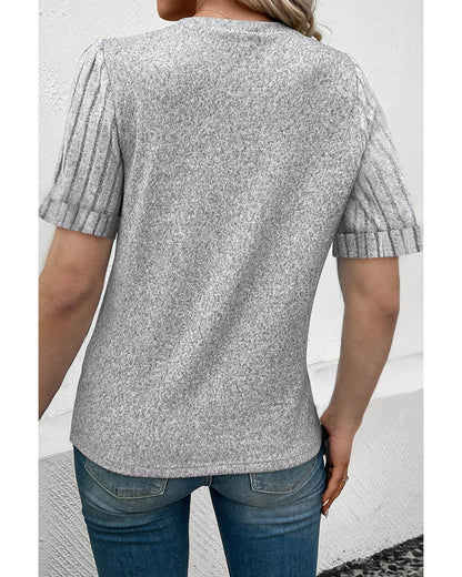 Gray Ribbed Splicing Sleeve Round Neck T-shirt - S