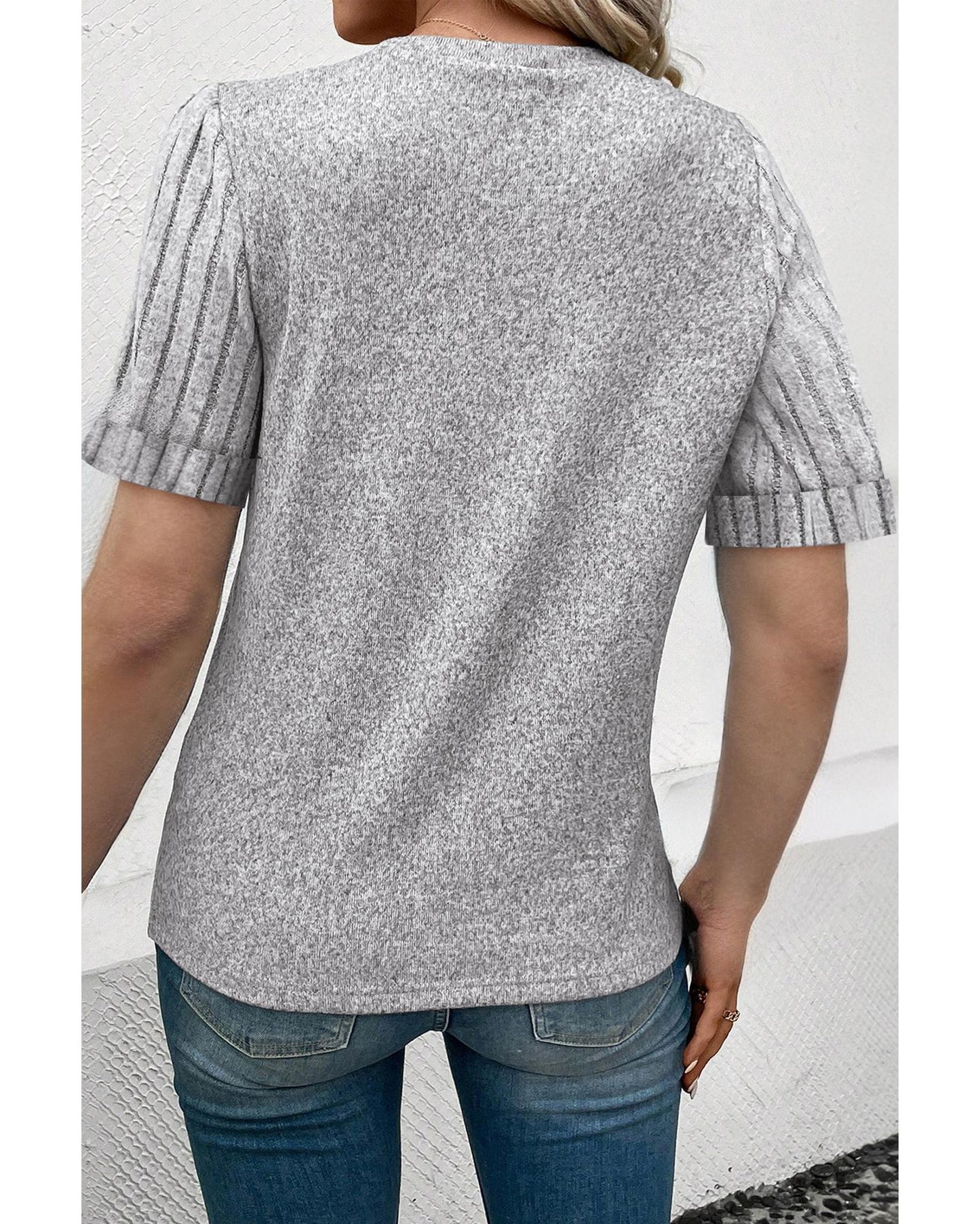 Gray Ribbed Splicing Sleeve Round Neck T-shirt - S